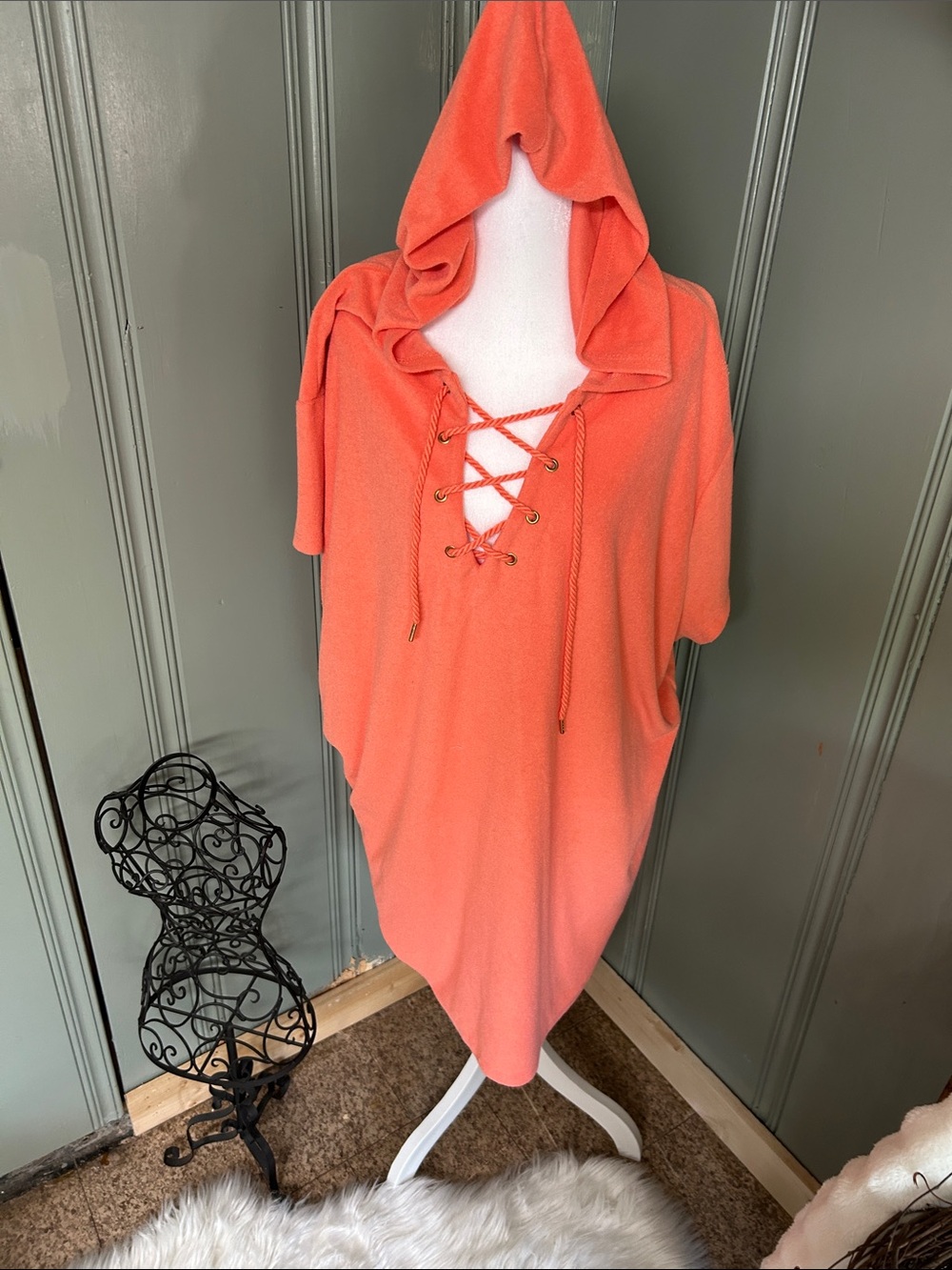 Time and Tru Coral Hooded Swim Coverup with Lace-Up Front